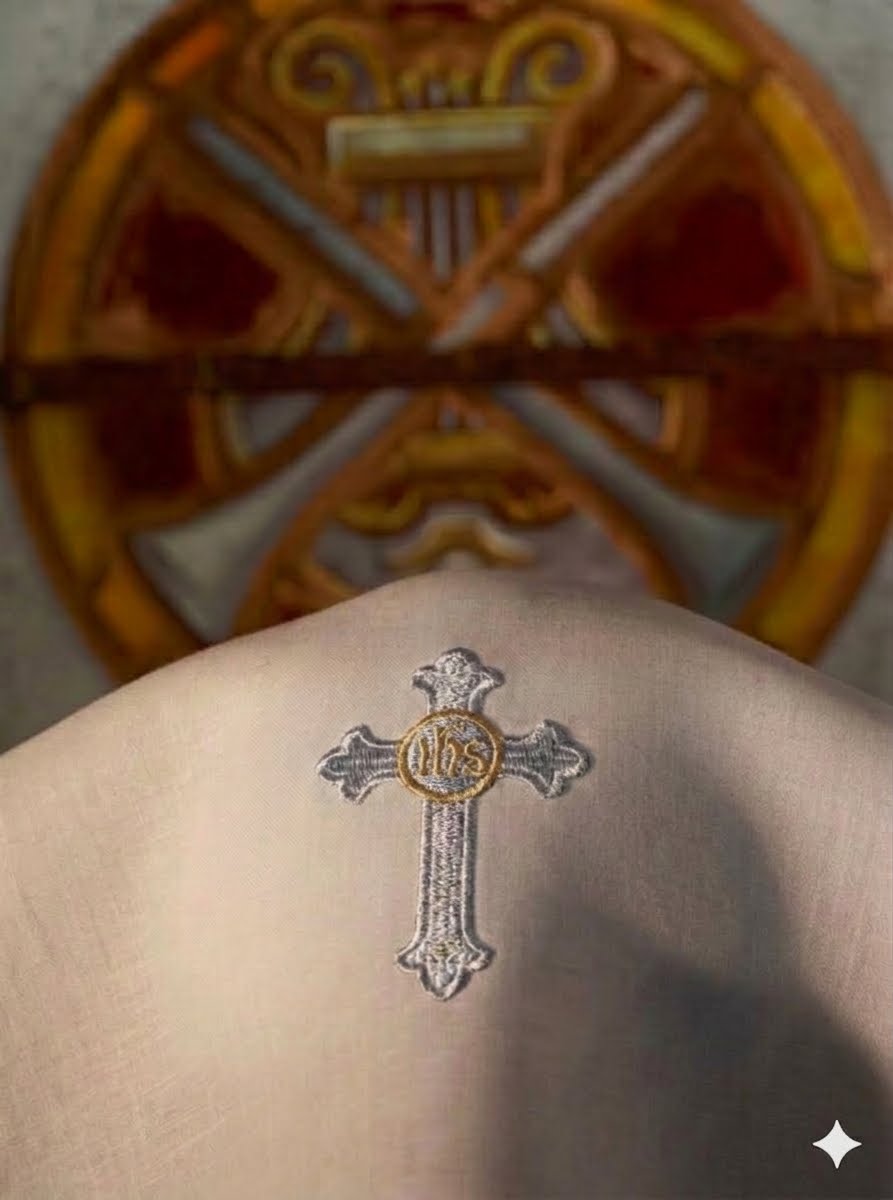 A temporary tattoo of a Christian cross with 'IHS' monogram in gold and silver, shown applied to skin with a blurred stained-glass style background.